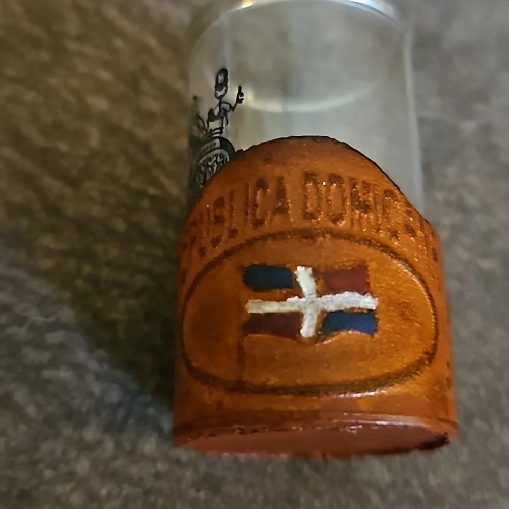3/$30 Dominican Republic Leather Tooled Tourist Shot Glass